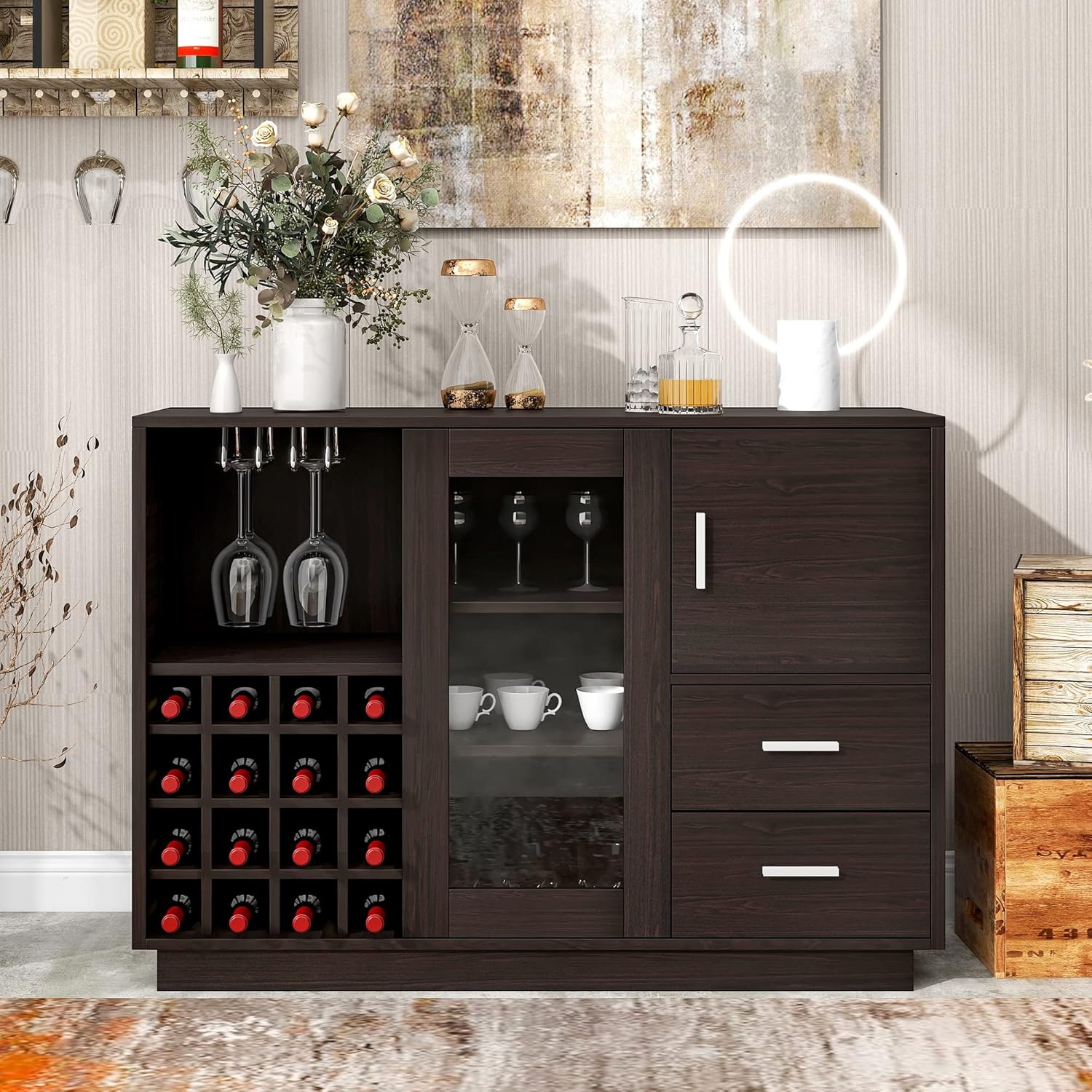 Wood Accent Buffet Sideboard Serving Storage Cabinet with Four Drawers and Two Large Cabinets, Modern Console Table Sofa Table X4595