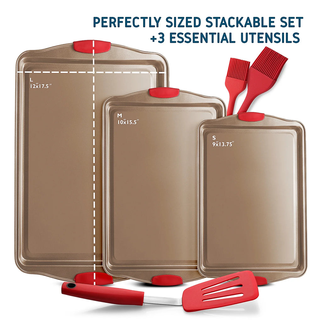 6pc Nonstick Baking Pan Sheet Set with Red Silicone Handles S929