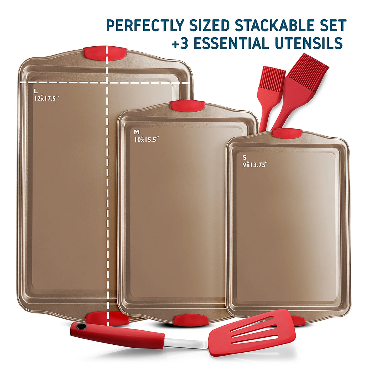 6pc Nonstick Baking Pan Sheet Set with Red Silicone Handles S929