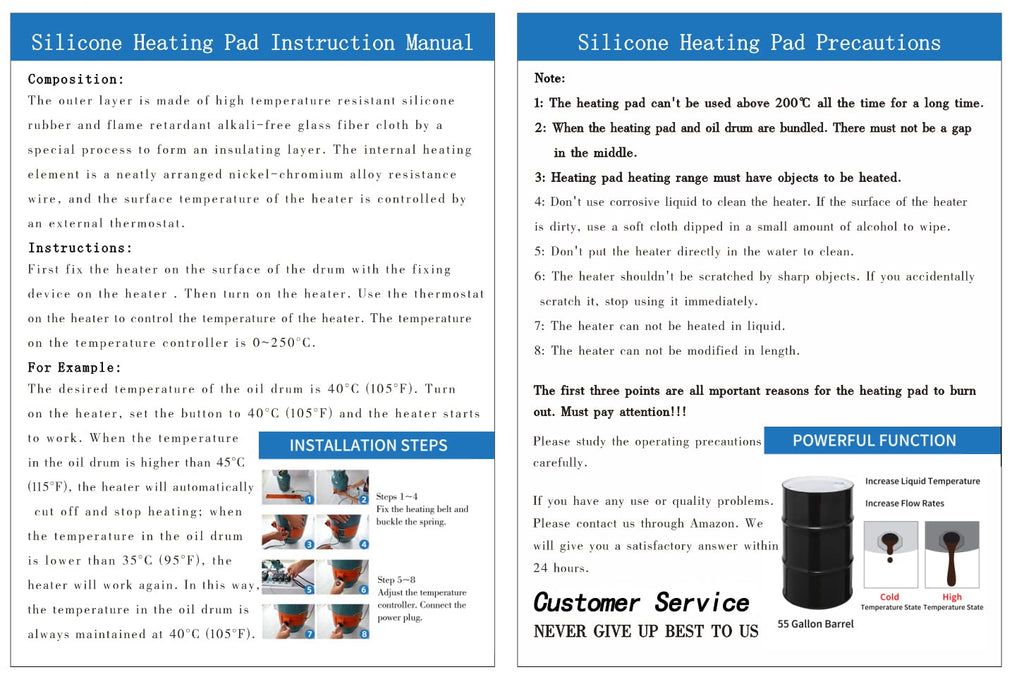 Drum Pail Heater 55-Gallon Silicone Barrel Heat Pad Band Warmer Kit 150℃ 120V 10inch T39385