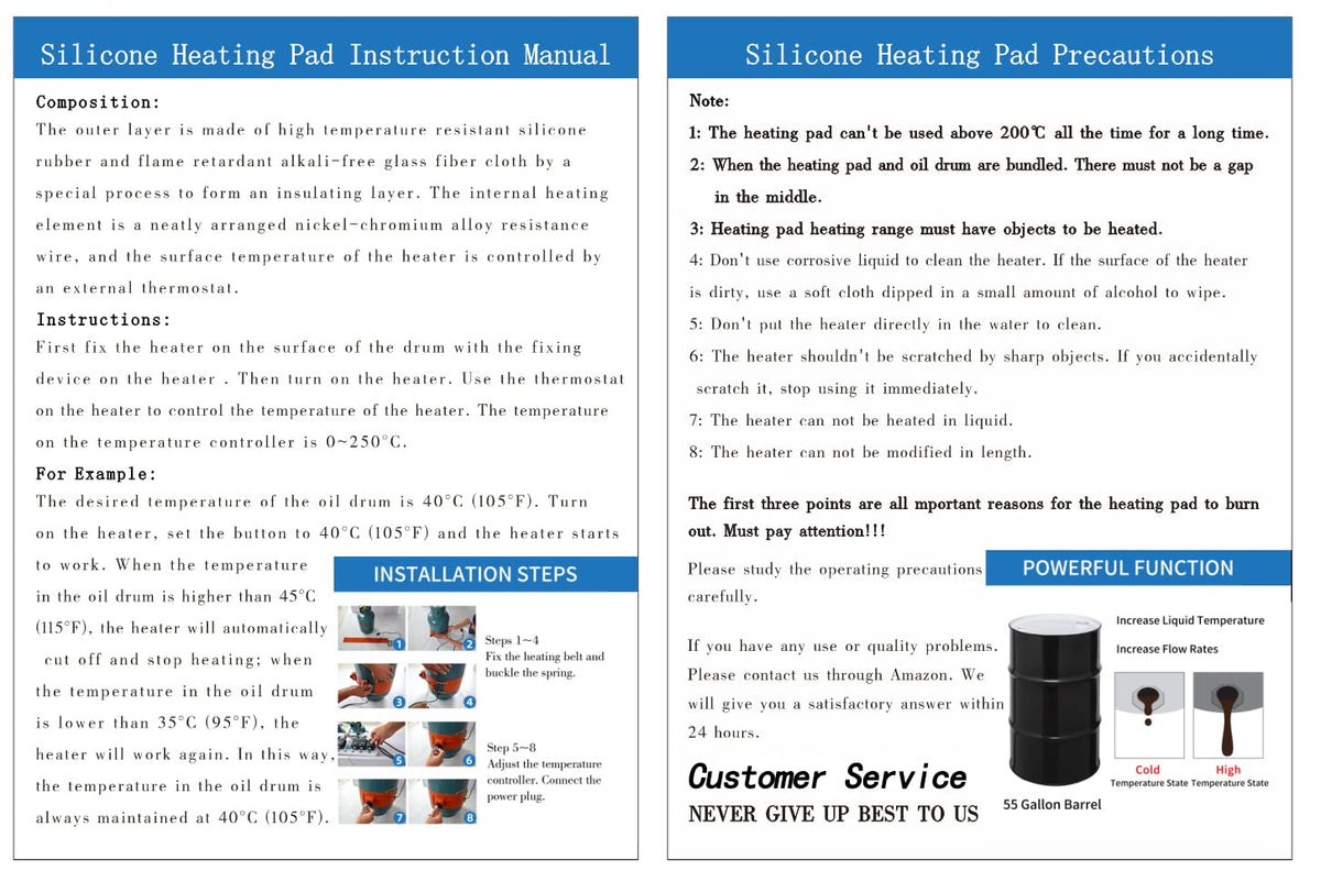Drum Pail Heater 55-Gallon Silicone Barrel Heat Pad Band Warmer Kit 150℃ 120V 10inch T39385