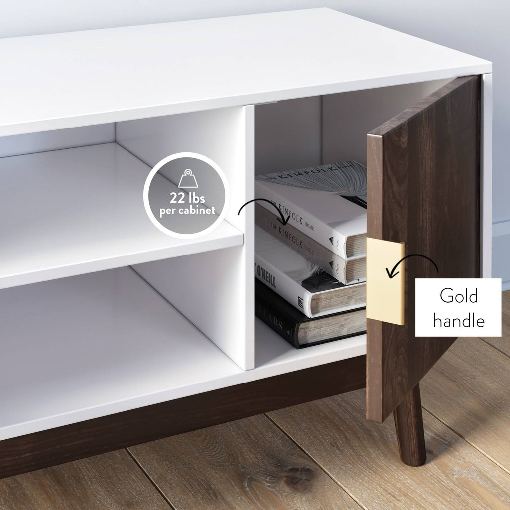 Brown Scandinavian TV Stand with White Cabinet Doors R7484