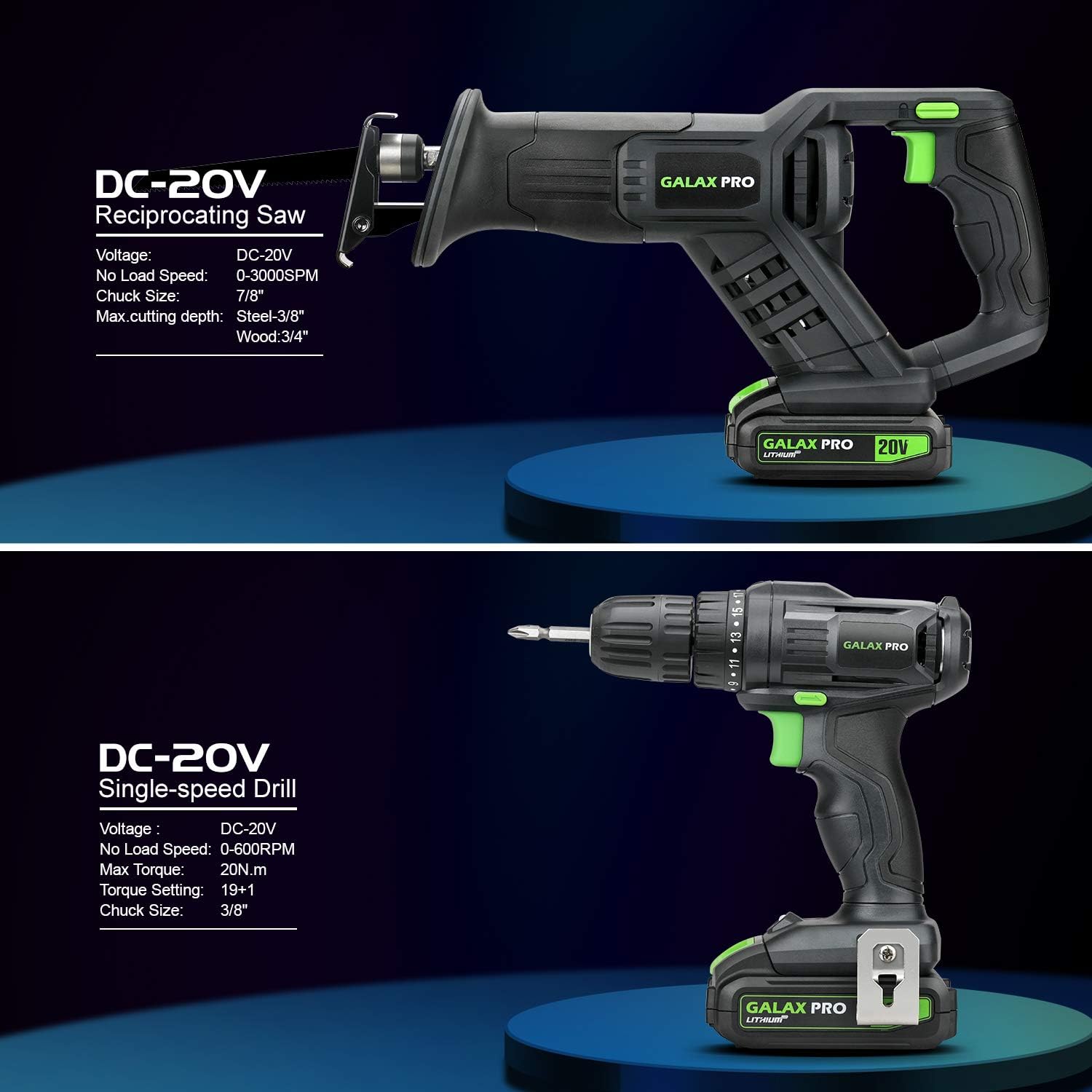 20 V Max Cordless Combo Kit with Impact Drill Driver, Reciprocating Saw, 1.3 Ah Li-ion Battery Pack, Charger, and 7 Blades T329