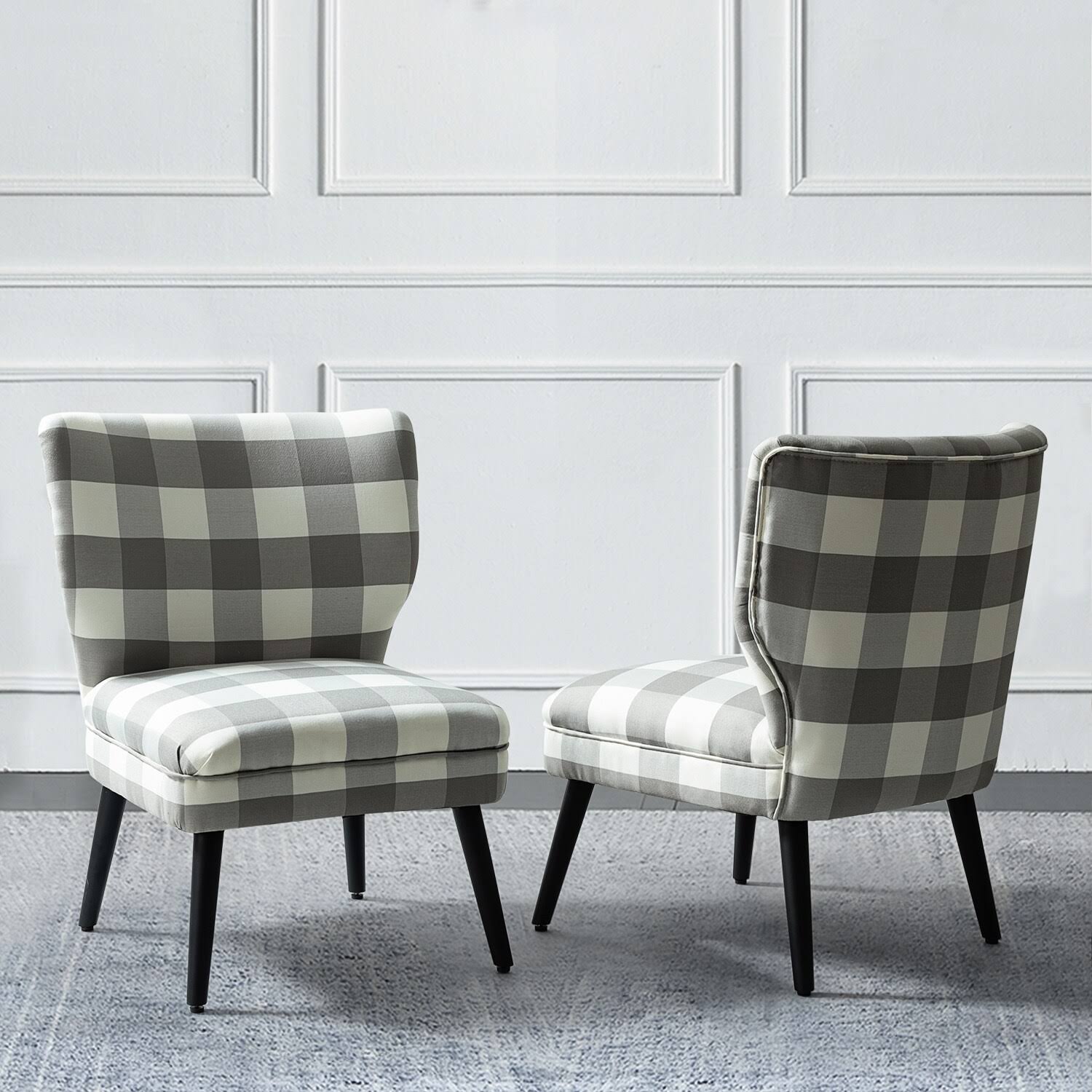 Grey Buffalo Plaid Side Chair with Black Base, Set of 2 V431429
