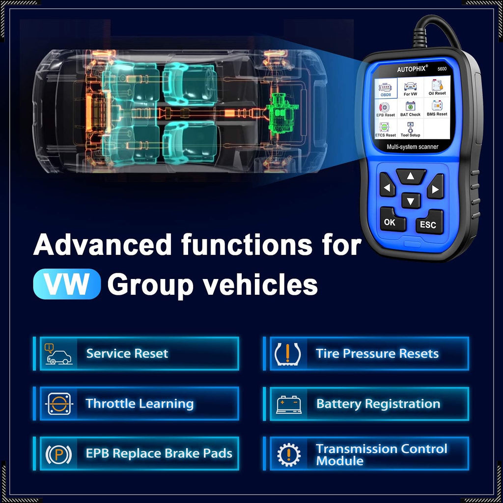 VW Audi Skoda Seat OBD2 Scanner Code Reader with Engine ABS EPB TPMS SAS Transmission Oil Reset Battery Registration Tool X266717