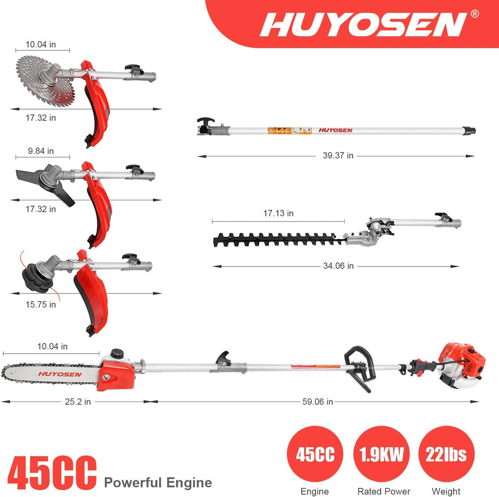 Gas Pole Saw 45CC 2-Cycle 8.2 FT to 11.4 FT Extension 5 in 1 Weeder Eater Hedge Trimmer Chainsaw Brush Cutter 3T Blade Z4611