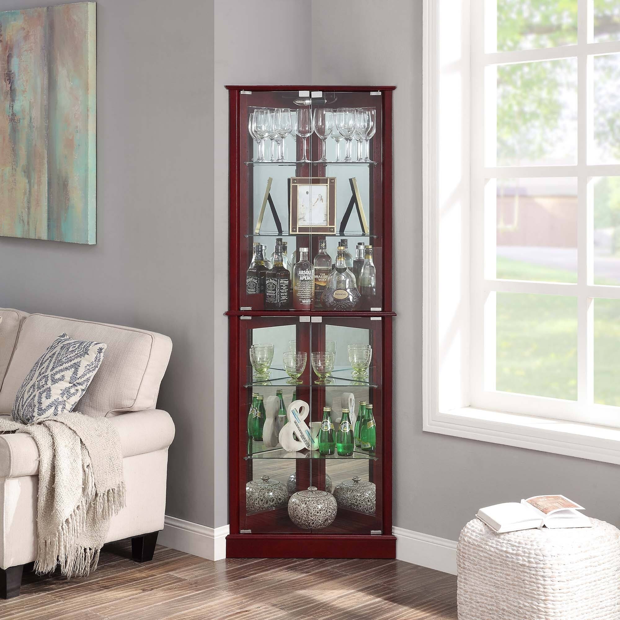 Cherry Lighted Corner Curio Cabinet with Tempered Glass Door M334098