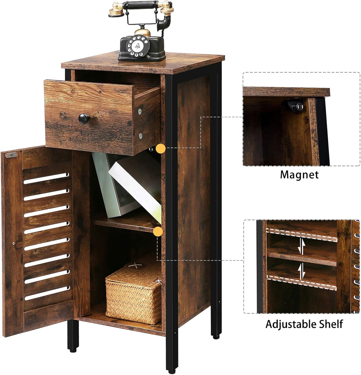 Rustic Brown Storage Cabinet with Drawer and Height-Adjustable Shelves V566