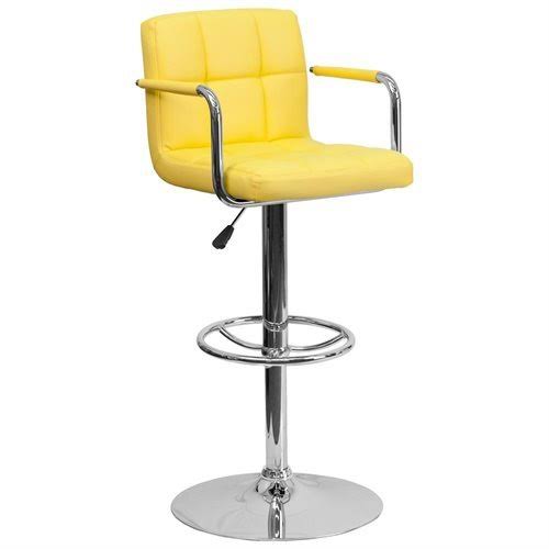 Yellow Quilted Vinyl Adjustable Height Barstool with Arms and Chrome Base X2863