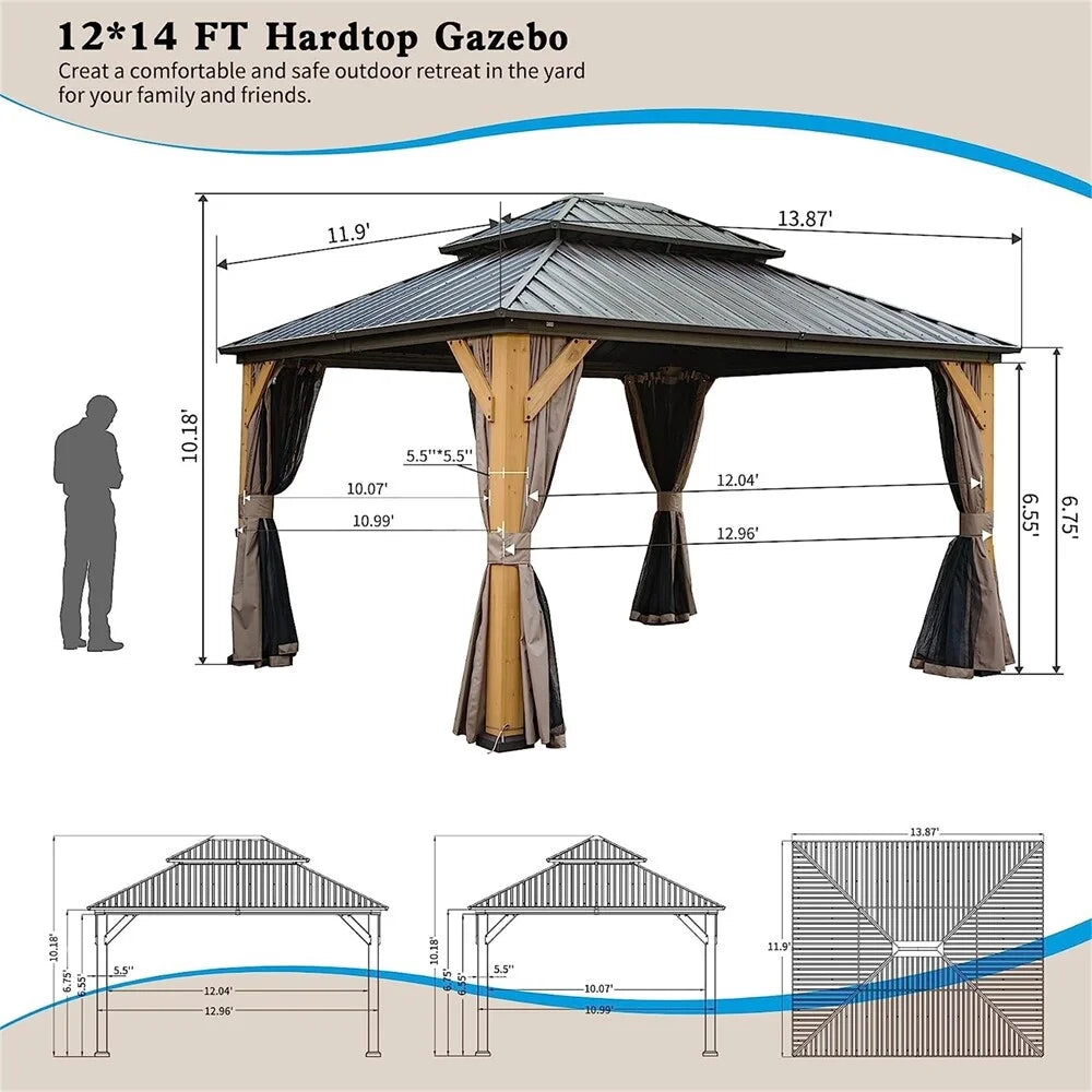 12'x14' Outdoor Wood Frame Hardtop Gazebo with Galvanized Steel Double Roof U541