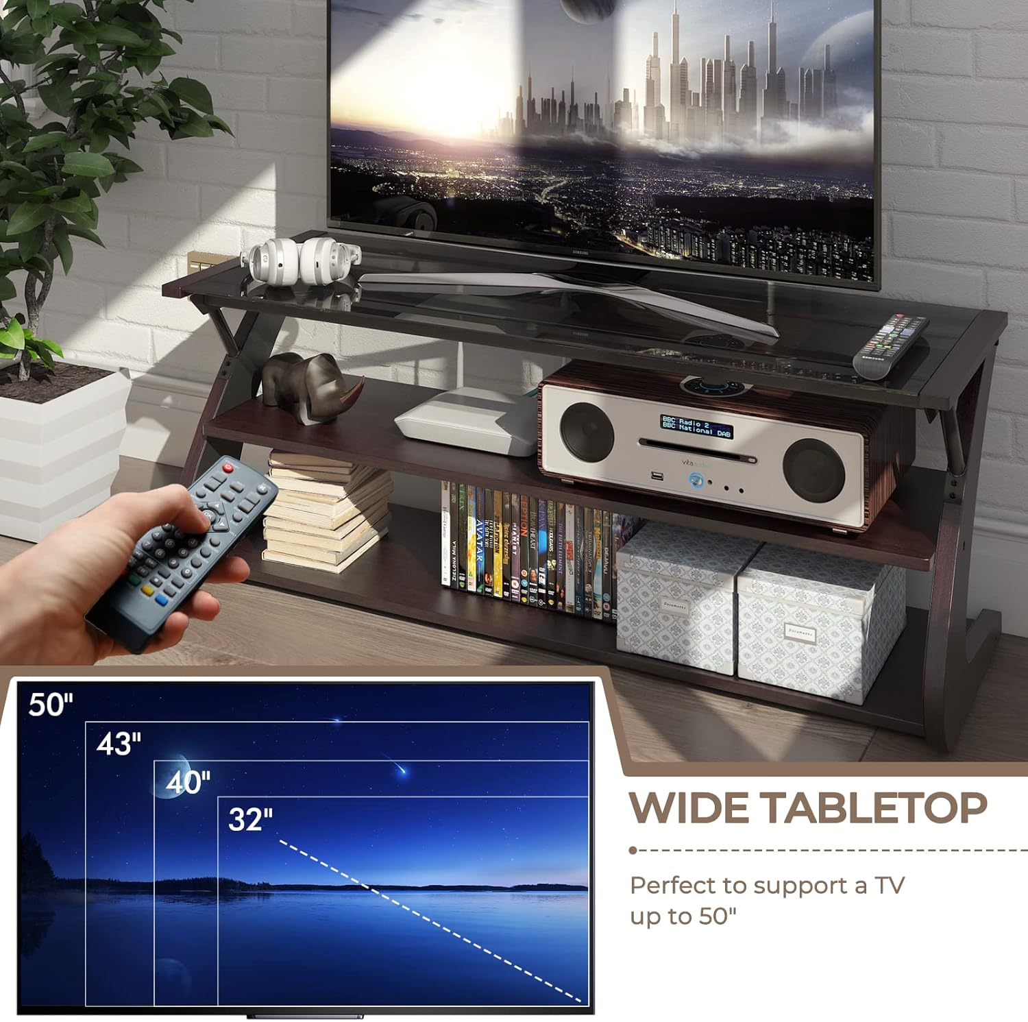Dark Brown 3-Tier TV Stand with Glass Top S962