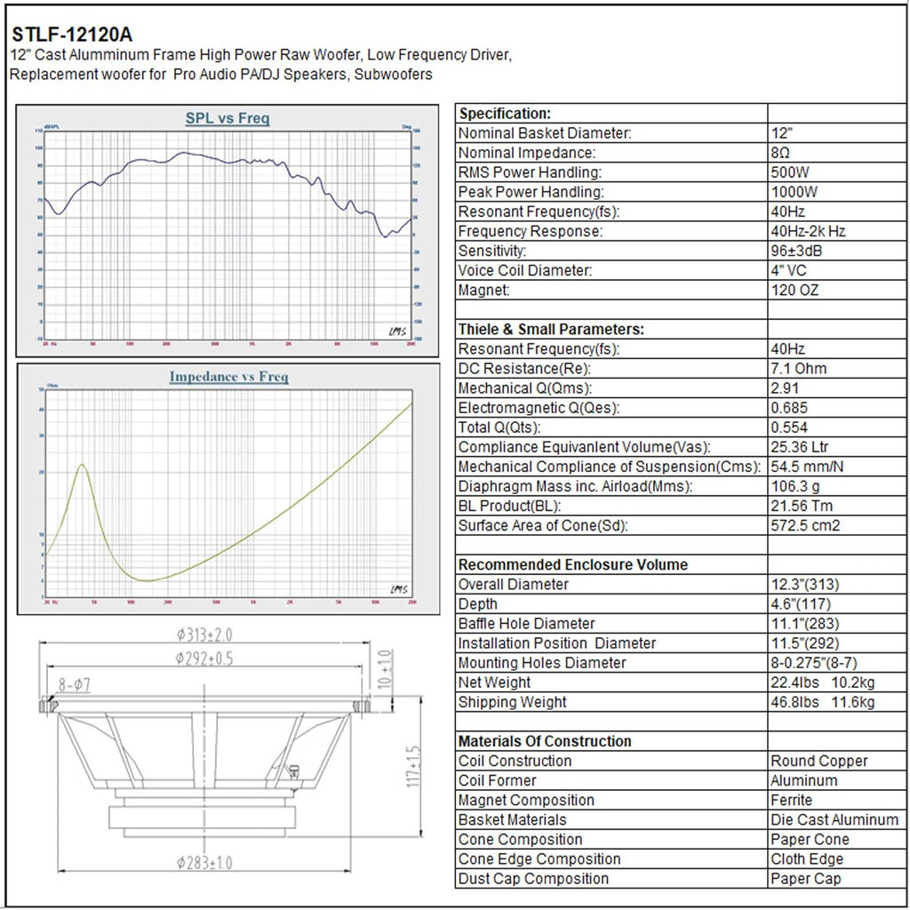 12" 500W Cast Aluminum Frame Woofer L6559