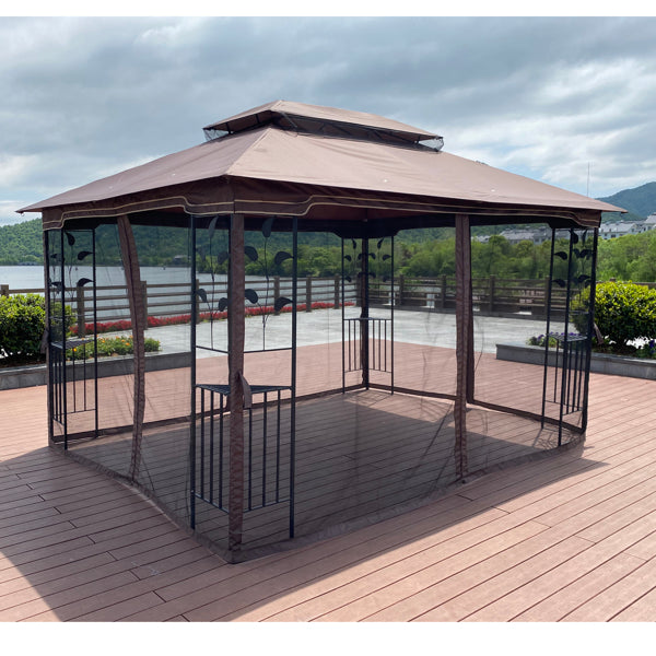 Brown Top Patio Gazebo Canopy Tent With Mosquito Net U6418