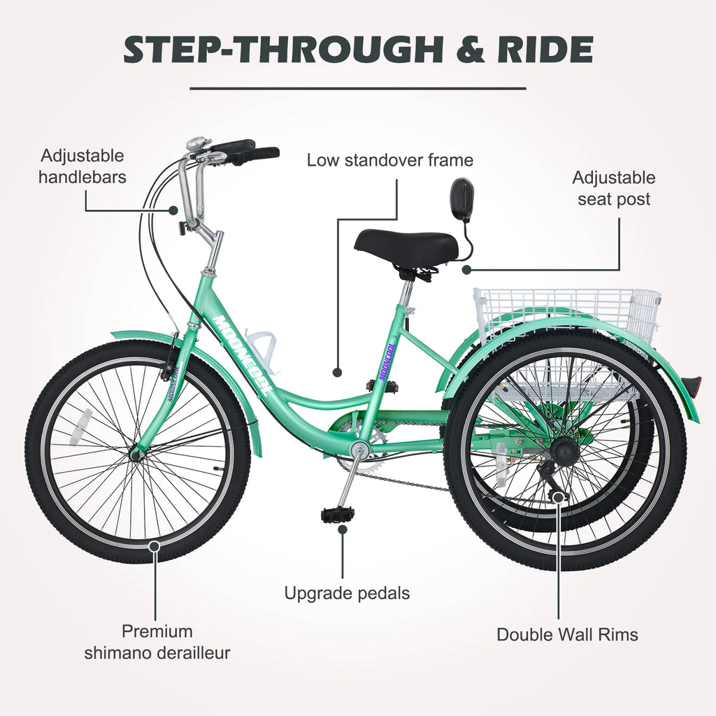 Tricycle 24" Wheels 7-Speed 3 Wheels Bike with Basket F1867