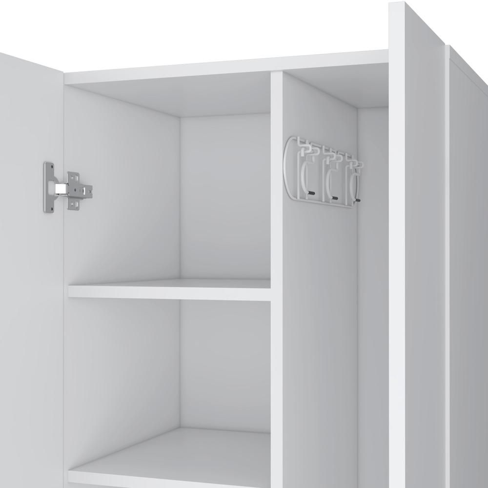 White Double-Door Broom Cabinet with Inner Shelves and Side Hangers H258