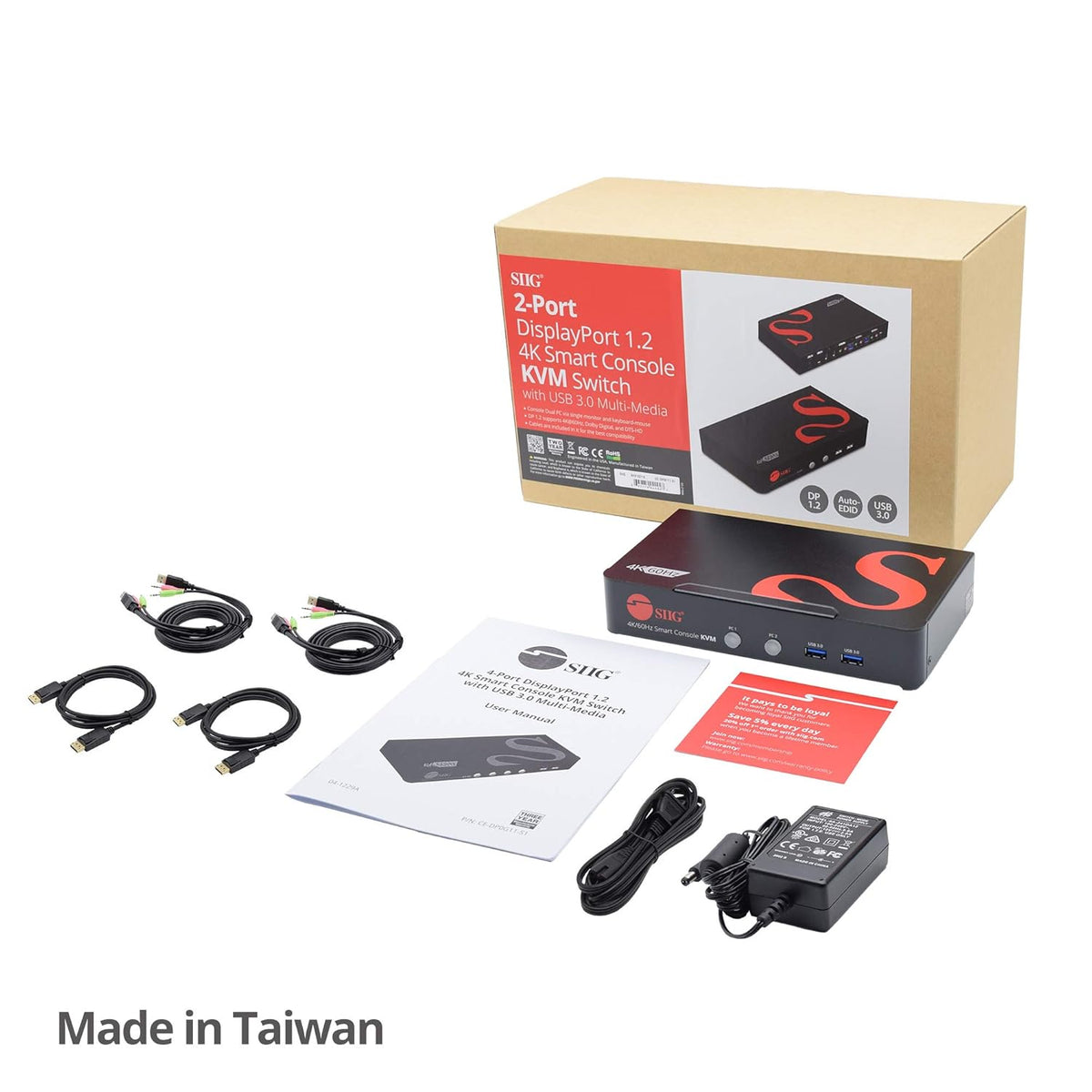 4K DisplayPort KVM Switch with Audio and Microphone, USB 3.0 x4, USB 2.0 x2, Cables Included, Metal Housing Z534126