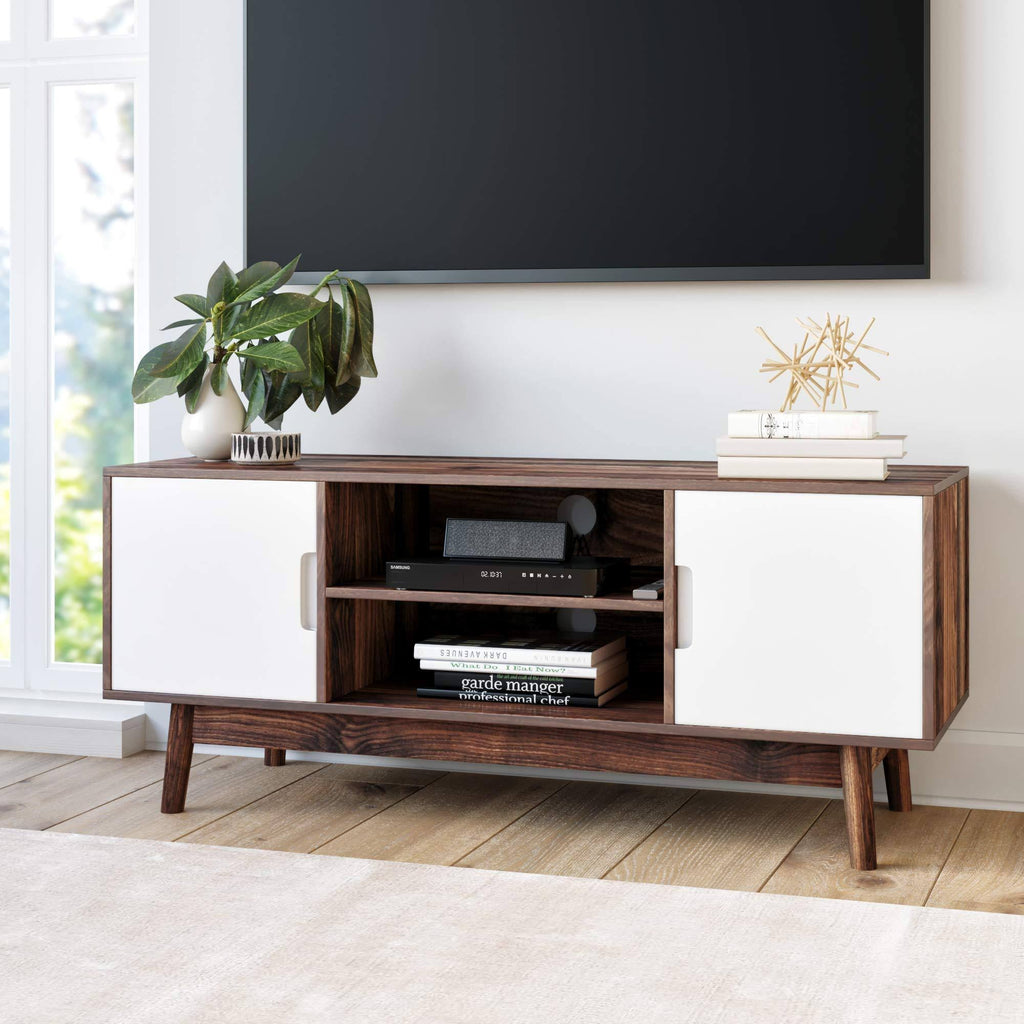 Brown Scandinavian TV Stand with White Cabinet Doors R7484