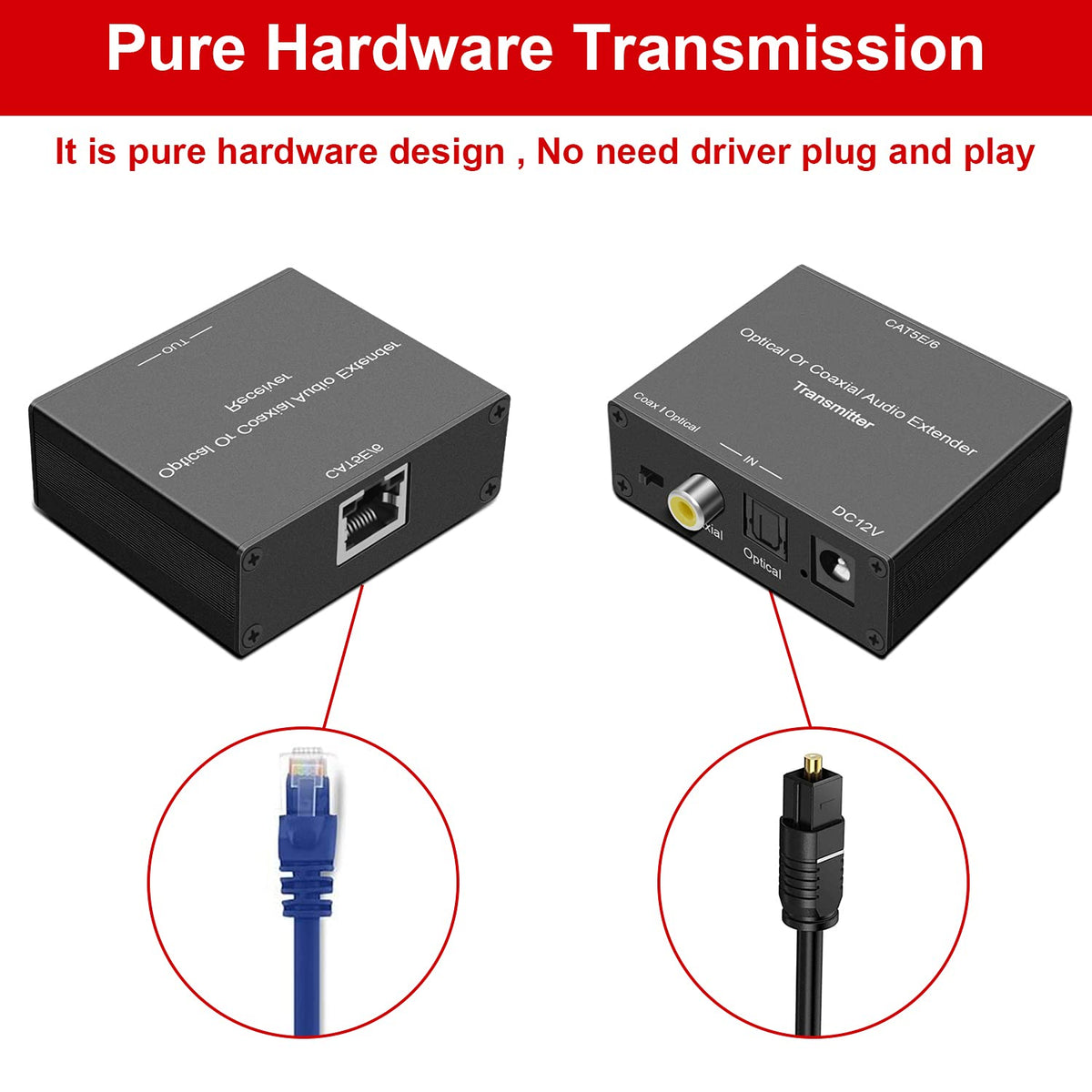 Optical Audio Extender over Cat5E/6 Cable up to 300m, Pack of 2 T110
