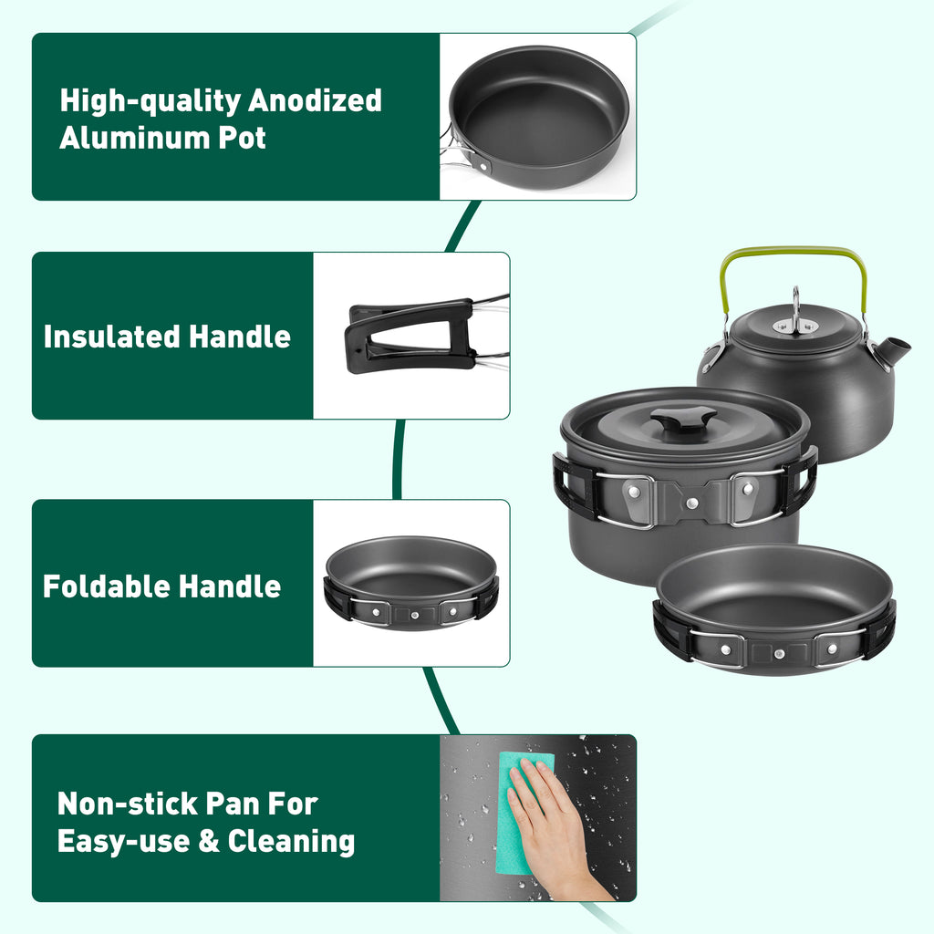 19pcs Non-Stick Camping Cookware Mess Kit with Stainless Steel Cups Plates Forks Knives Spoons E5246