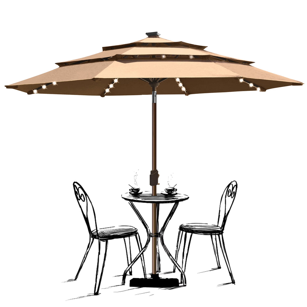 Tan 9ft 3 Tiers Market Umbrella with 80 LED Lights I16411