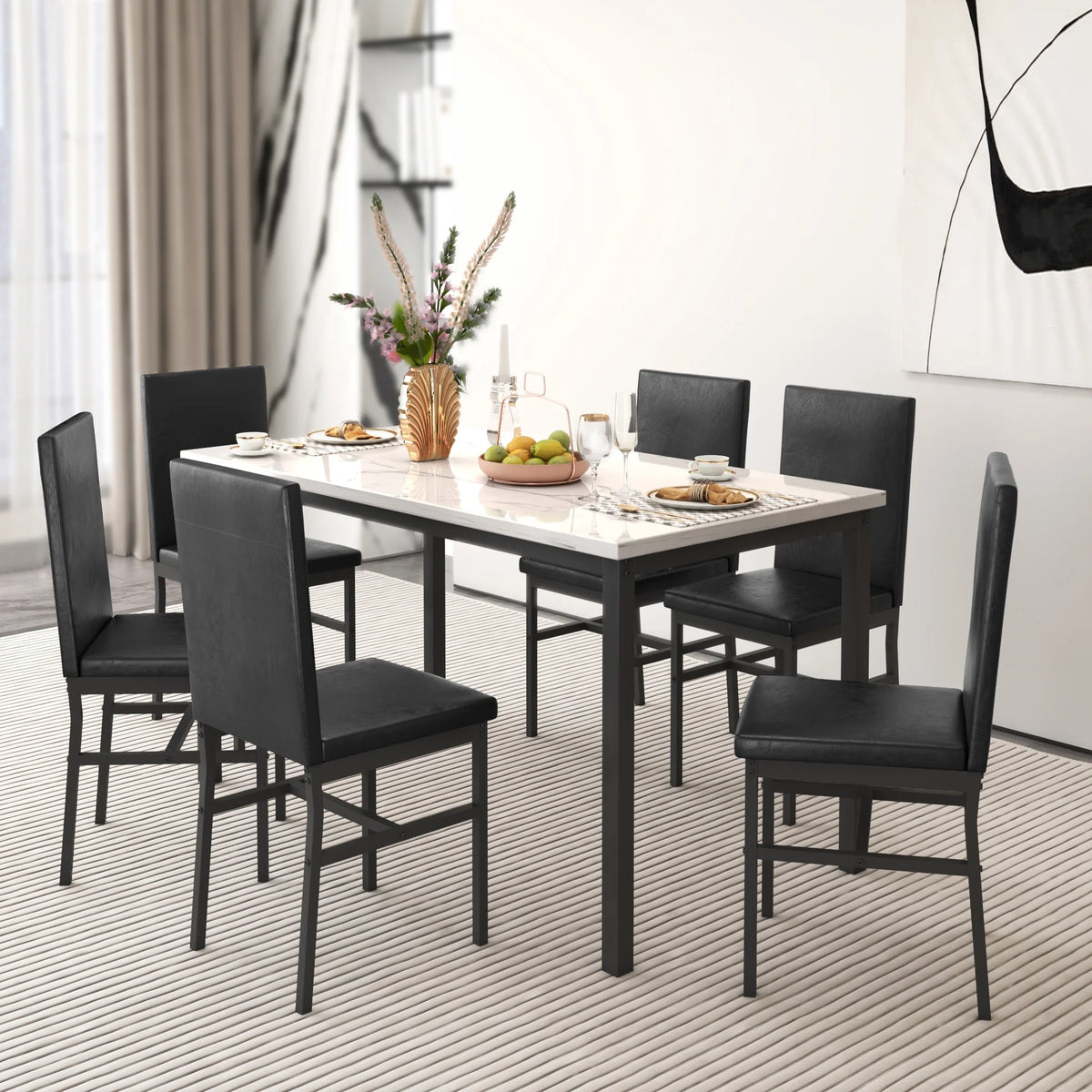 7 Piece Marble Dining Table and 4 PU Leather Upholstered Chairs Set K792933
