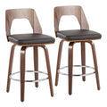 Mid-Century Modern Counter Stool In Walnut And Brown Faux Leather - Set Of 2 H98815