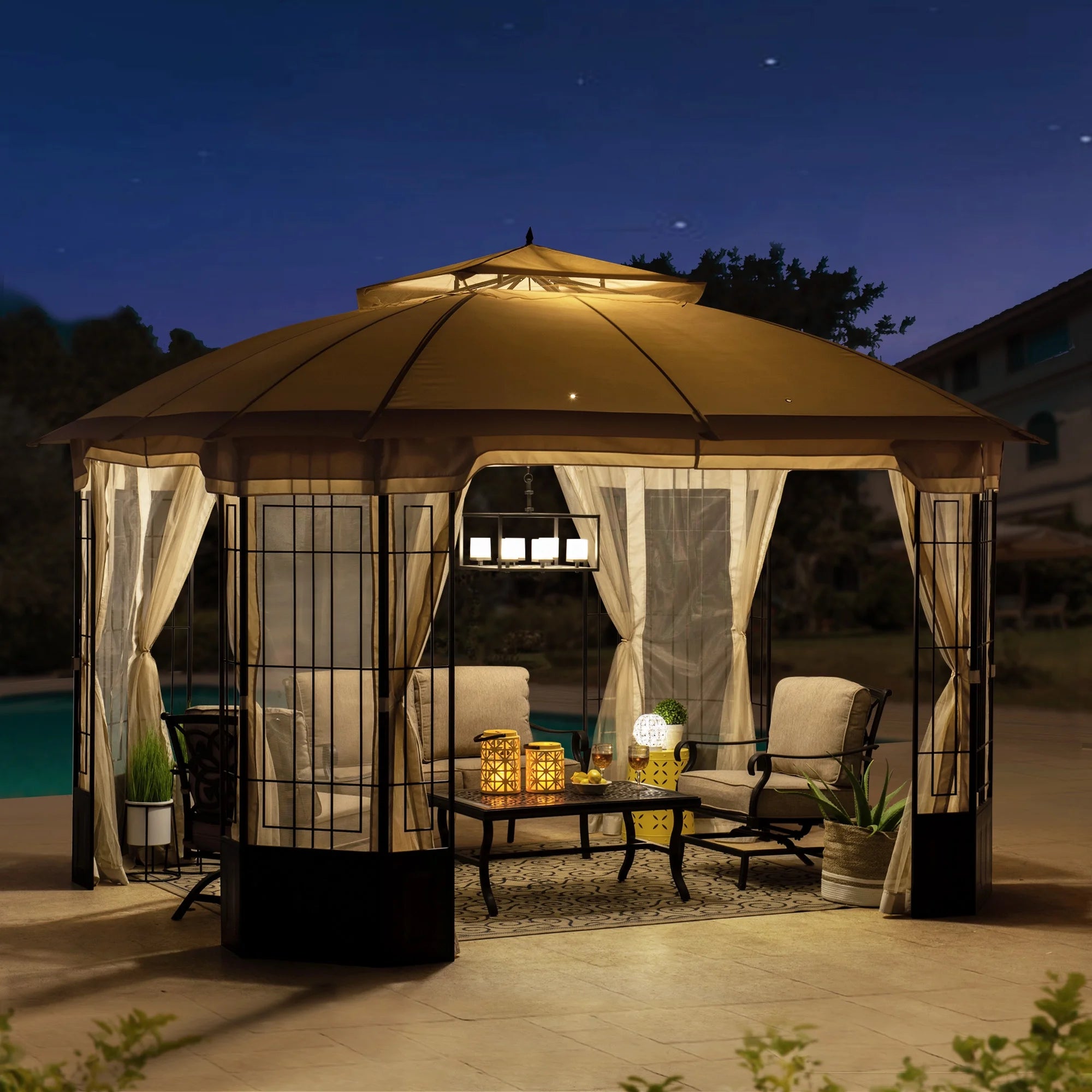 Black Steel Frame 2-Tier Soft Top Octagon Gazebo with Beige Canopy and Mosquito Netting L183829