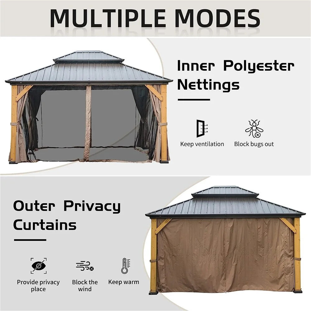 12'x14' Outdoor Wood Frame Hardtop Gazebo with Galvanized Steel Double Roof U541