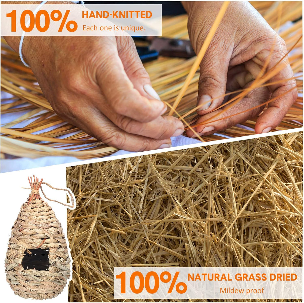 8 Pack 9.45 x 4.33 Inch Hand Woven Natural Fiber Hummingbird Nest Houses E460