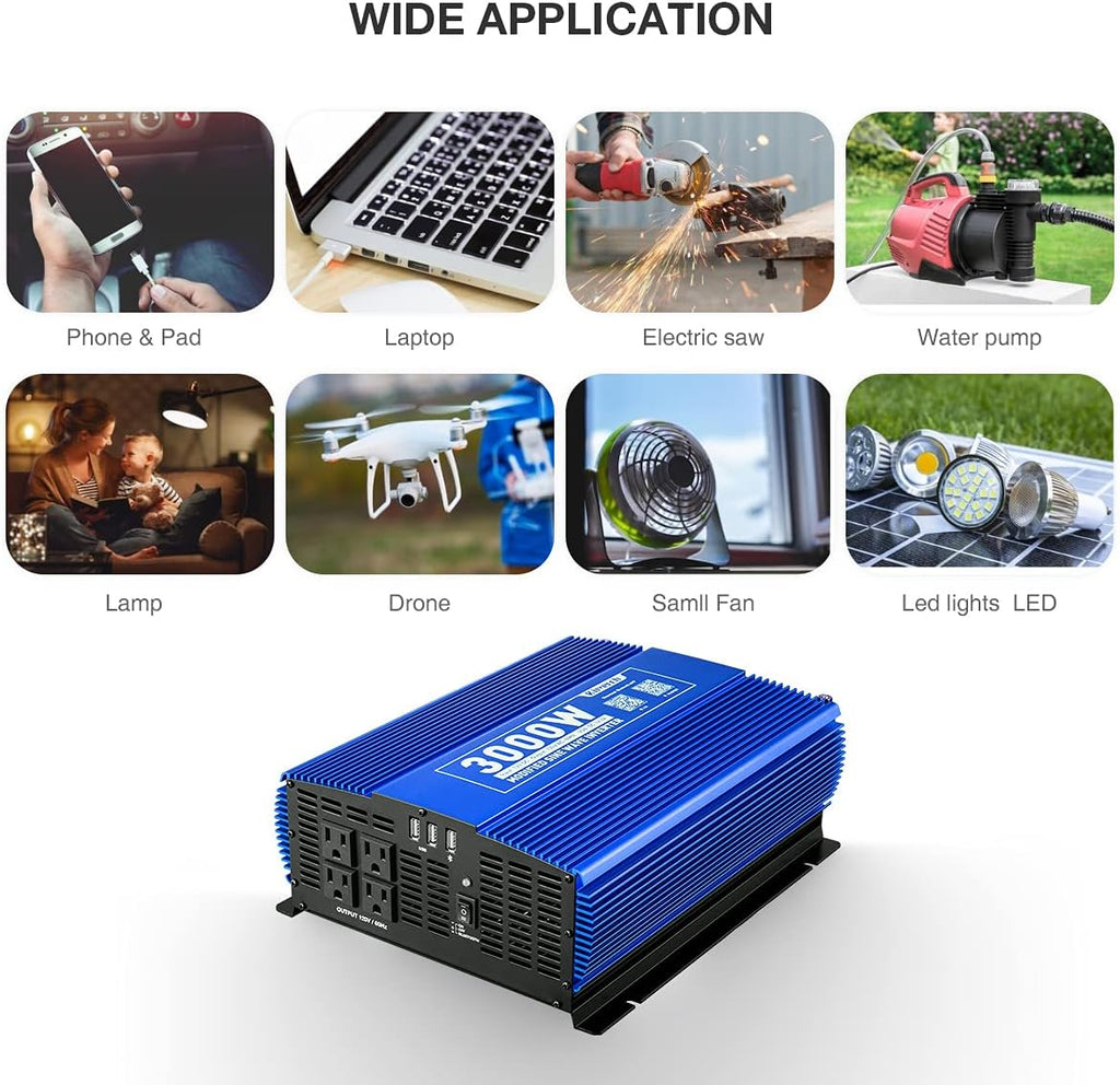 3000W Power Inverter DC12V to 110V AC Car Inverter with 4AC Outlets 2USB Port T29373