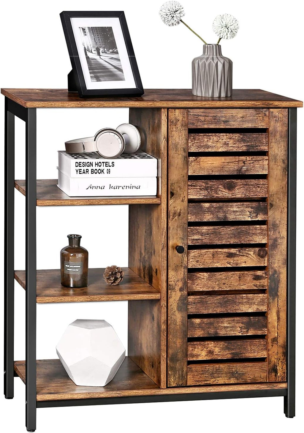 Rustic Brown and Black Storage Cabinet with 3 Open Shelves and Closed Compartments N726