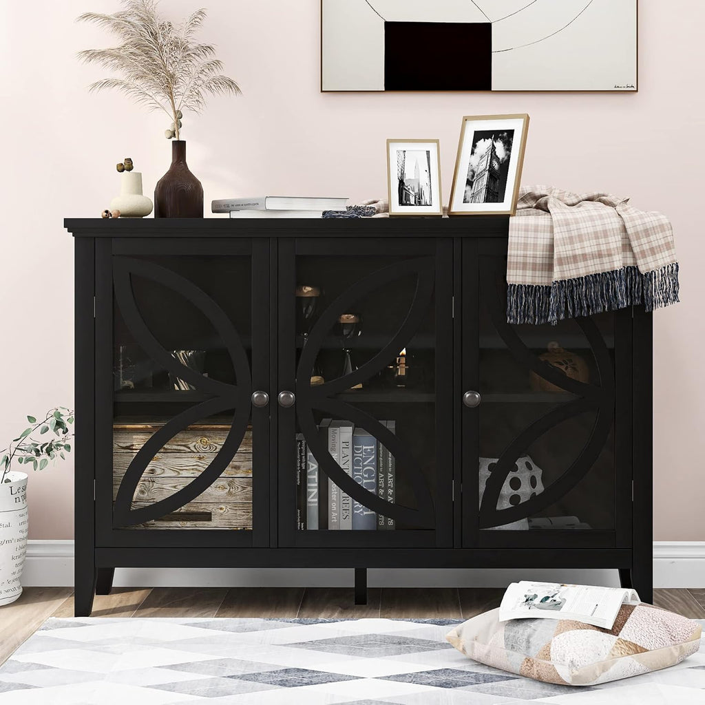 Wood Accent Buffet Sideboard Serving Storage Cabinet with Four Drawers and Two Large Cabinets, Modern Console Table Sofa Table X4595
