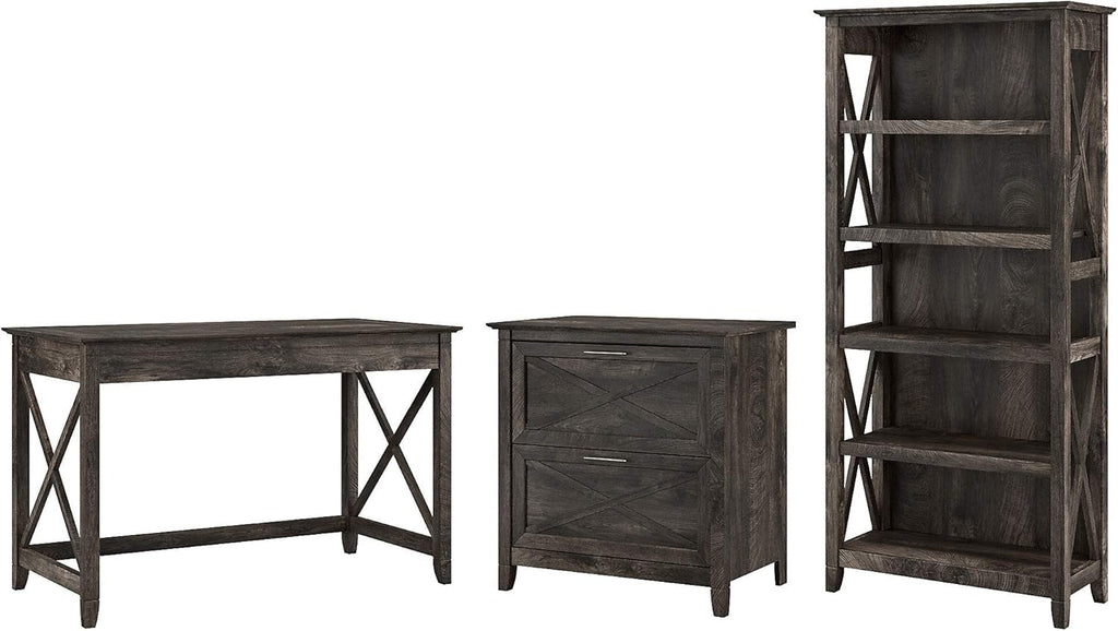 48W Cape Cod Gray Writing Desk with 2 Drawer File Cabinet and 5 Shelf Bookcase E4734
