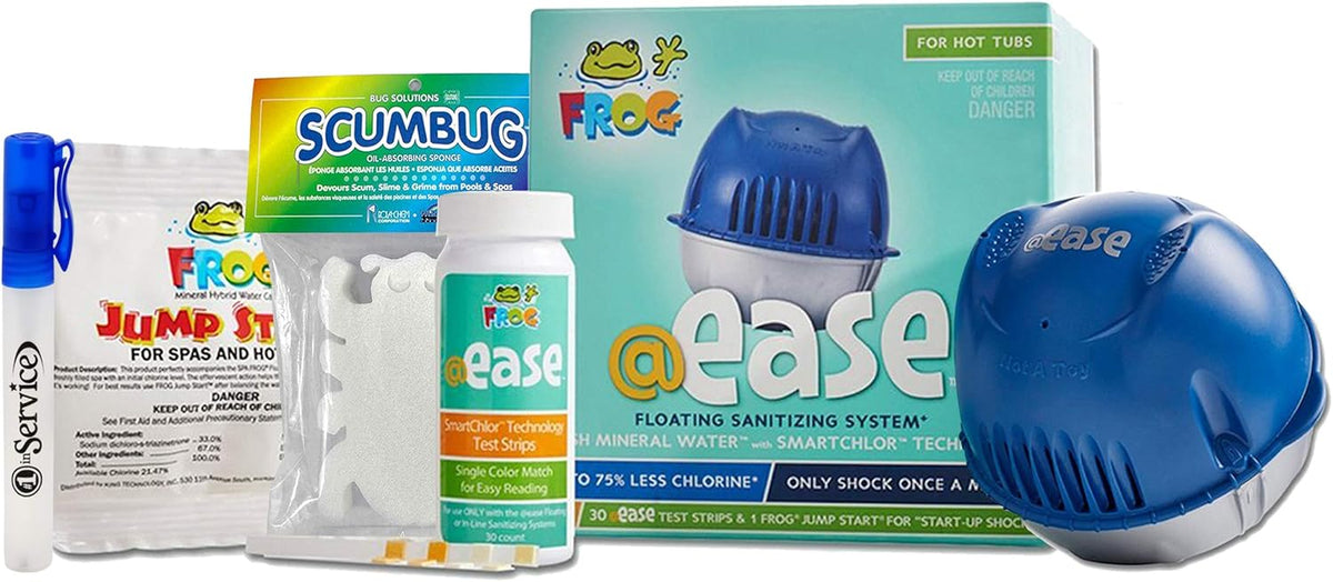 Frog @Ease Floating System, 3 Refill SmartChlor Replacement Cartridges, Jump Start Shock, 30 Test Strips, Hand Sanitizer and Scumbug W6371