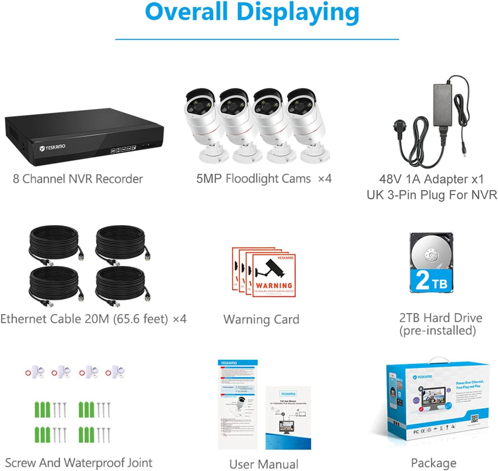 5MP PoE Security Camera System, 4pcs Wired Outdoor PoE IP Cameras, 8CH NVR with 2TB Hard Drive, Color Night Vision E546