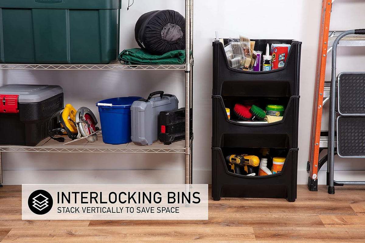 Black Pack of 3 Stackable Storage Bins F476