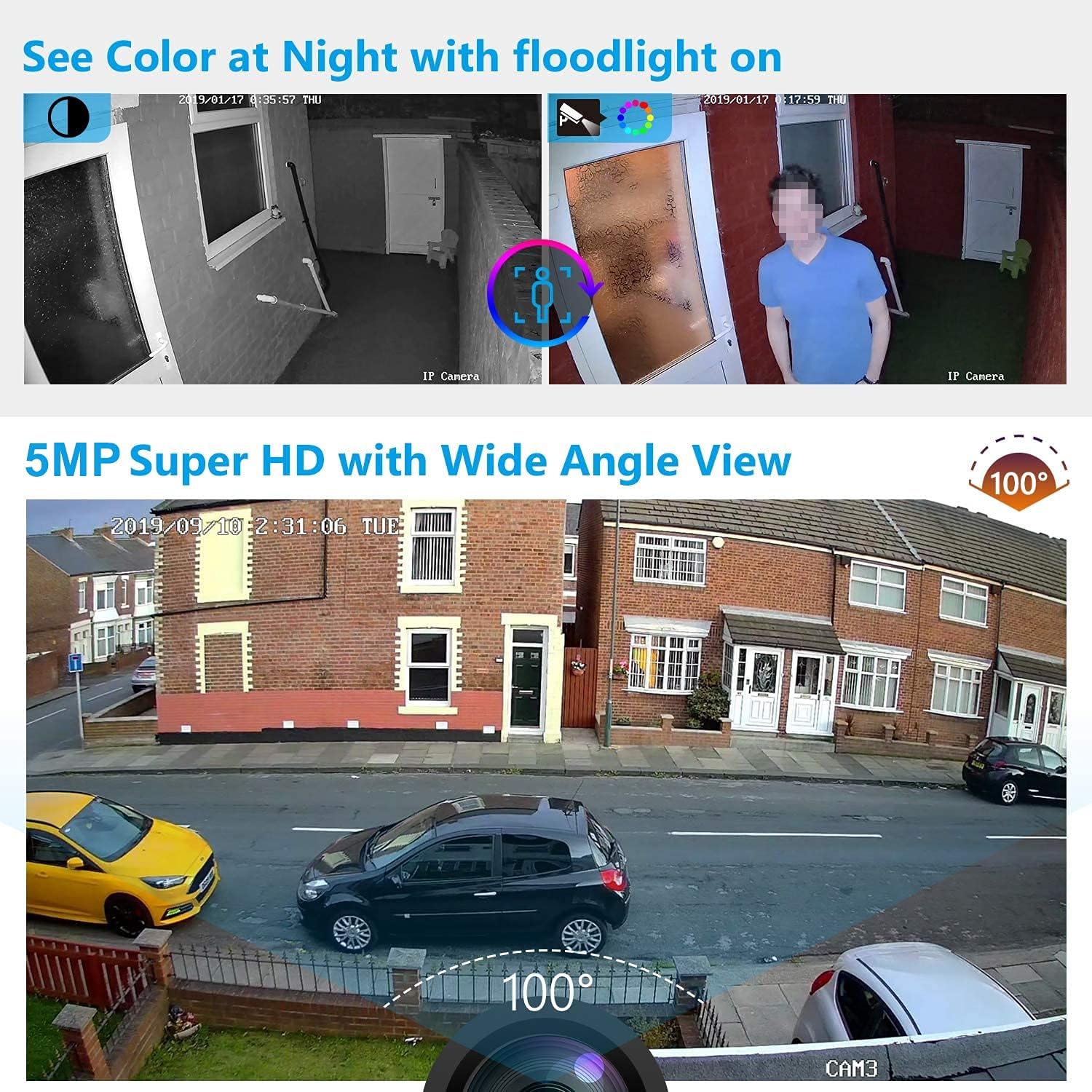 5MP PoE Security Camera System, 4pcs Wired Outdoor PoE IP Cameras, 8CH NVR with 2TB Hard Drive, Color Night Vision E546