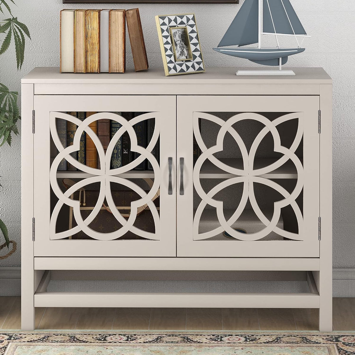 Wood Accent Buffet Sideboard Serving Storage Cabinet with Four Drawers and Two Large Cabinets, Modern Console Table Sofa Table X4595