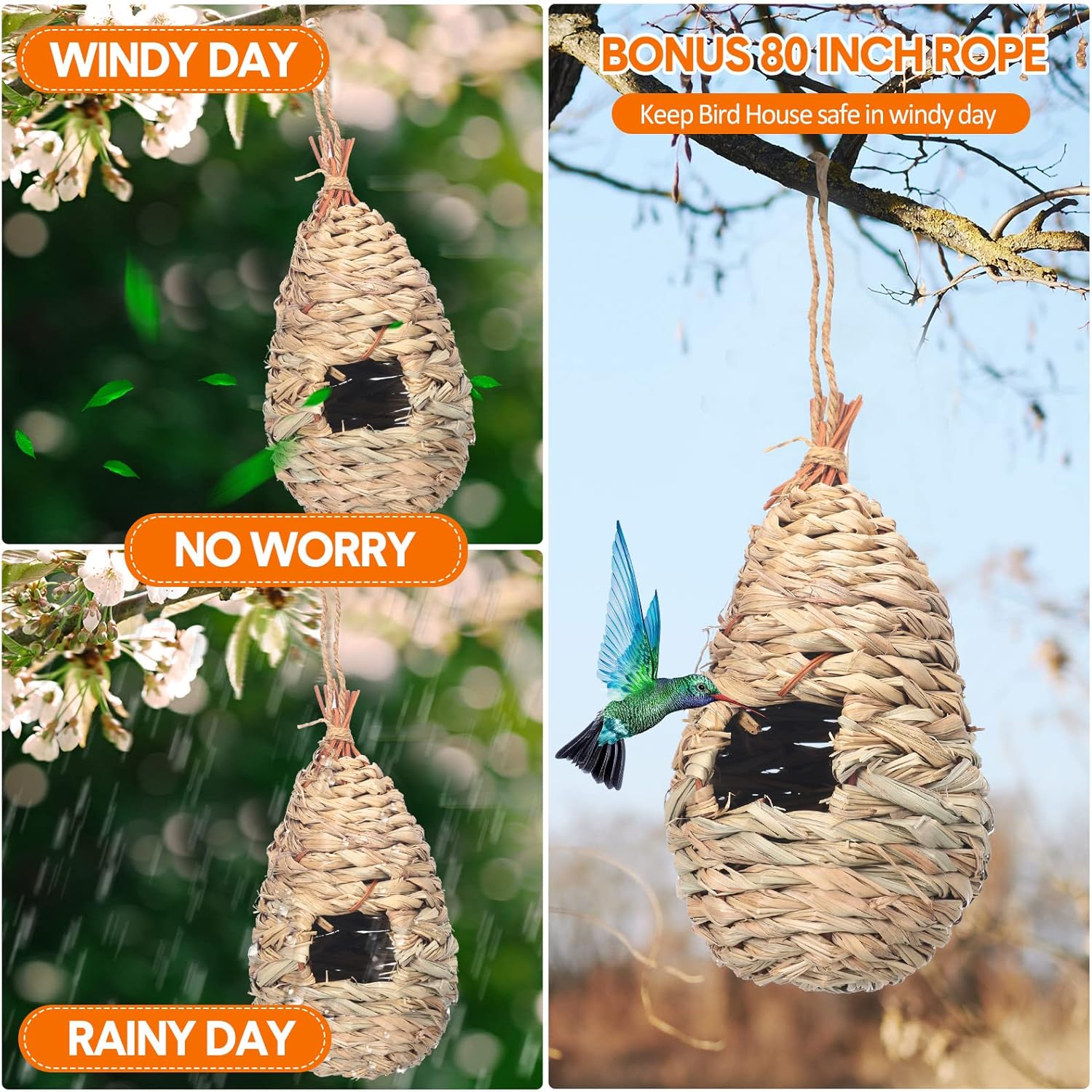 8 Pack 9.45 x 4.33 Inch Hand Woven Natural Fiber Hummingbird Nest Houses E460