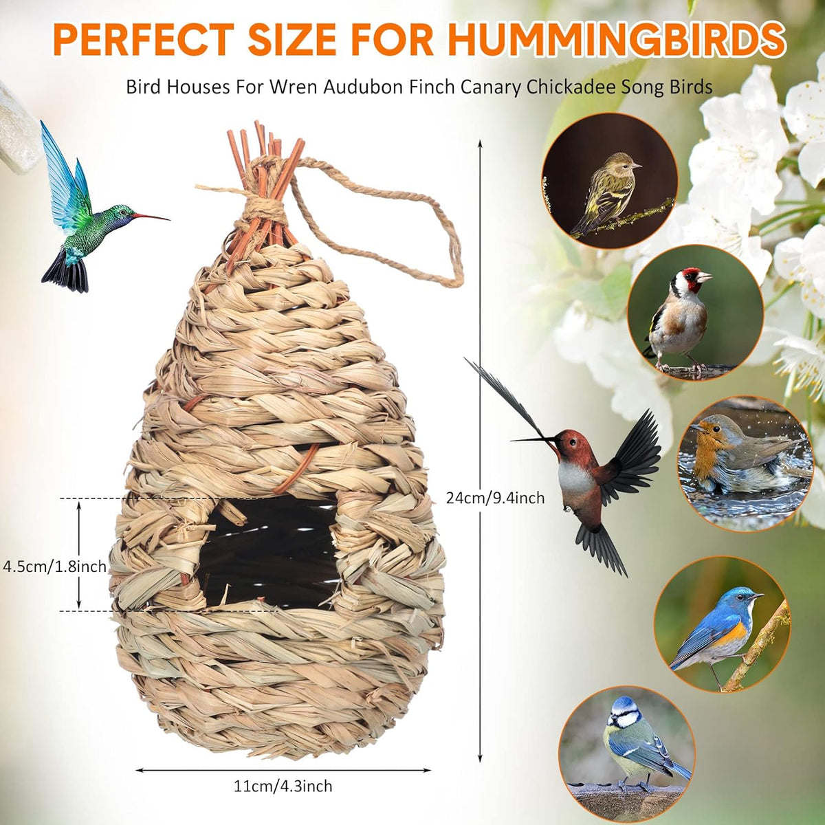 8 Pack 9.45 x 4.33 Inch Hand Woven Natural Fiber Hummingbird Nest Houses E460
