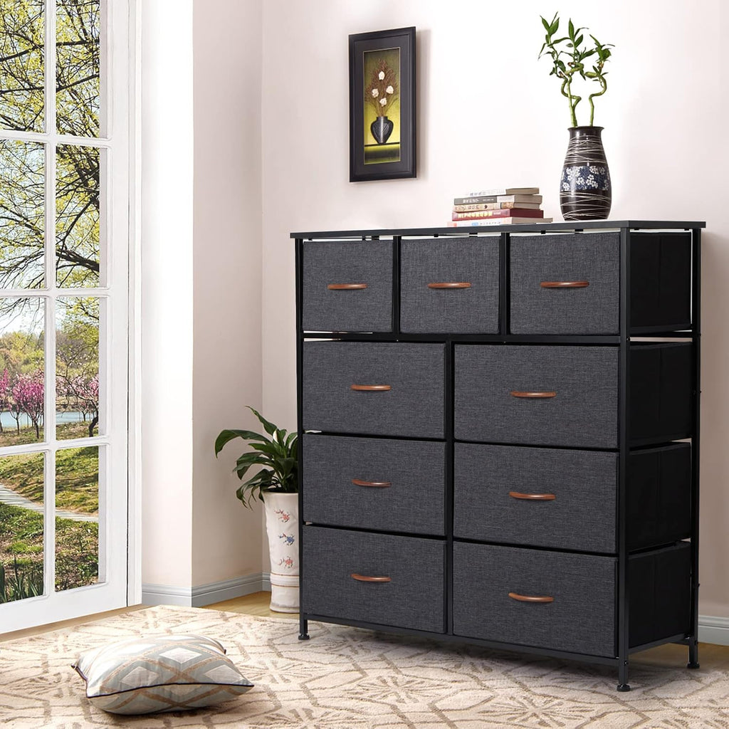 Grey 9 Drawer Dresser with Steel Frame and Wooden Top I26131