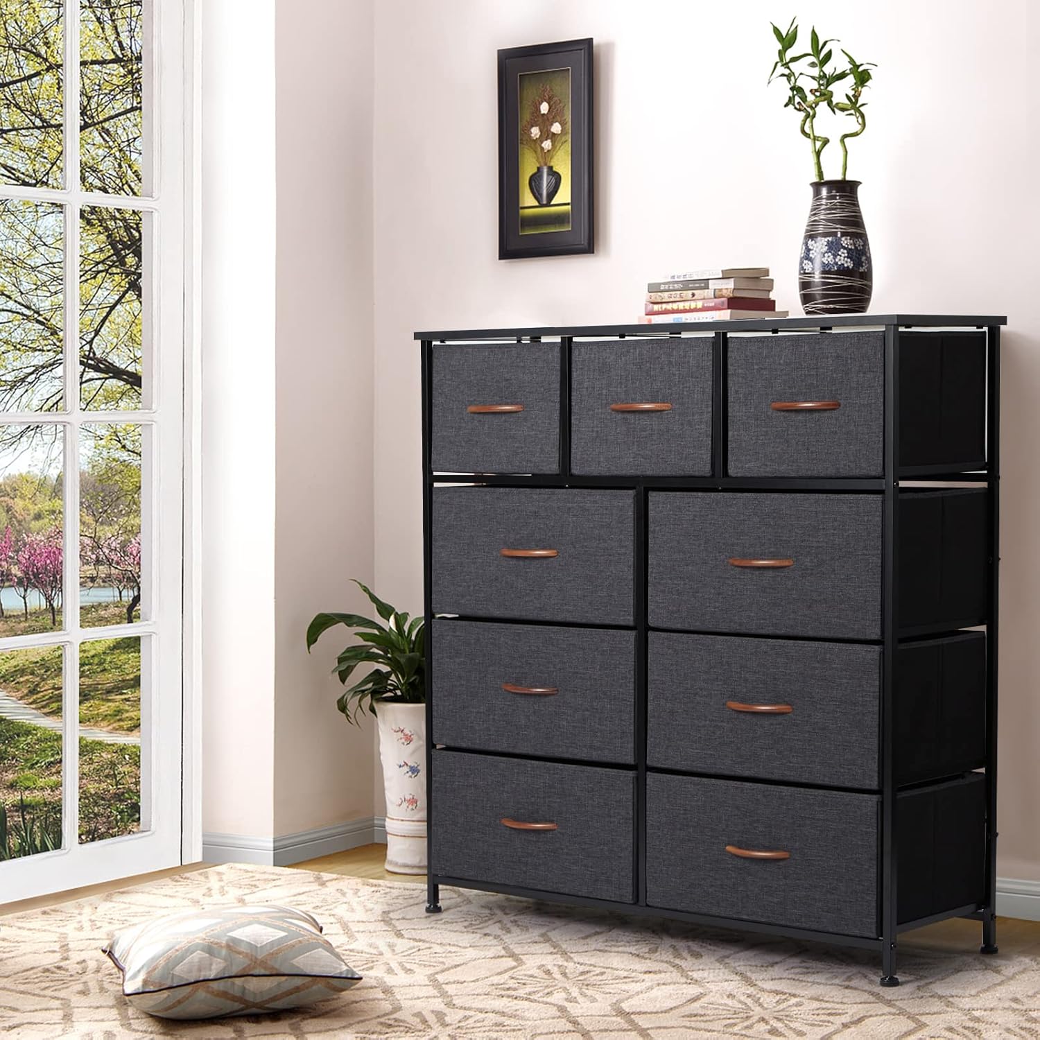 Grey 9 Drawer Dresser with Steel Frame and Wooden Top I26131