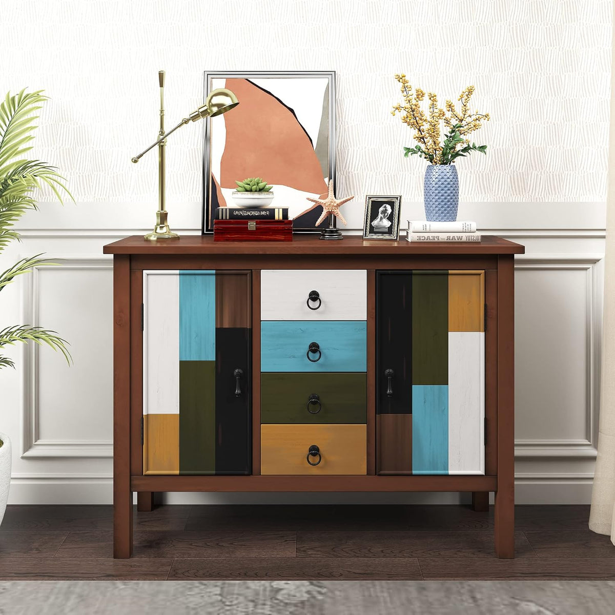 Wood Accent Buffet Sideboard Serving Storage Cabinet with Four Drawers and Two Large Cabinets, Modern Console Table Sofa Table X4595