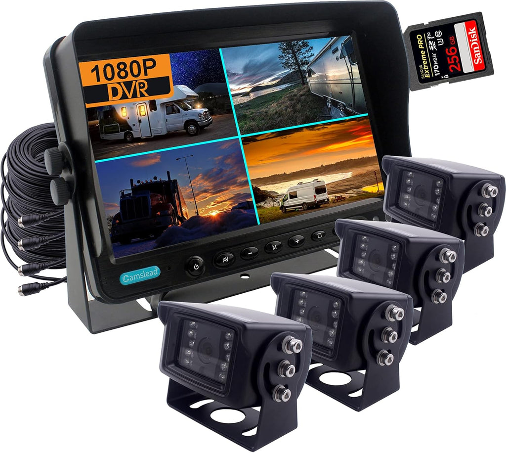 9 inch 1080P Rear View Camera System with Wired DVR Recorder, 4 Channel Input, Quad Split Screen Z2266