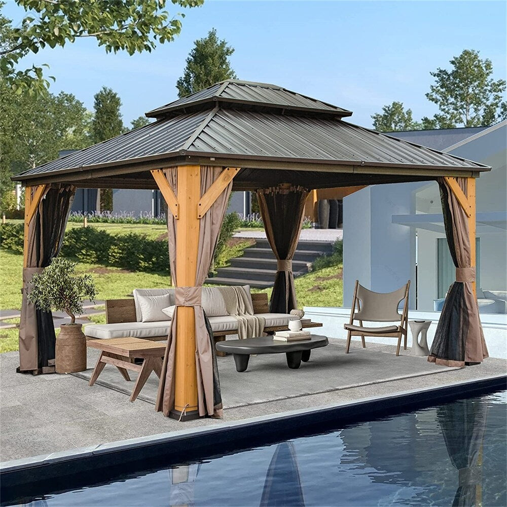 12'x14' Outdoor Wood Frame Hardtop Gazebo with Galvanized Steel Double Roof U541