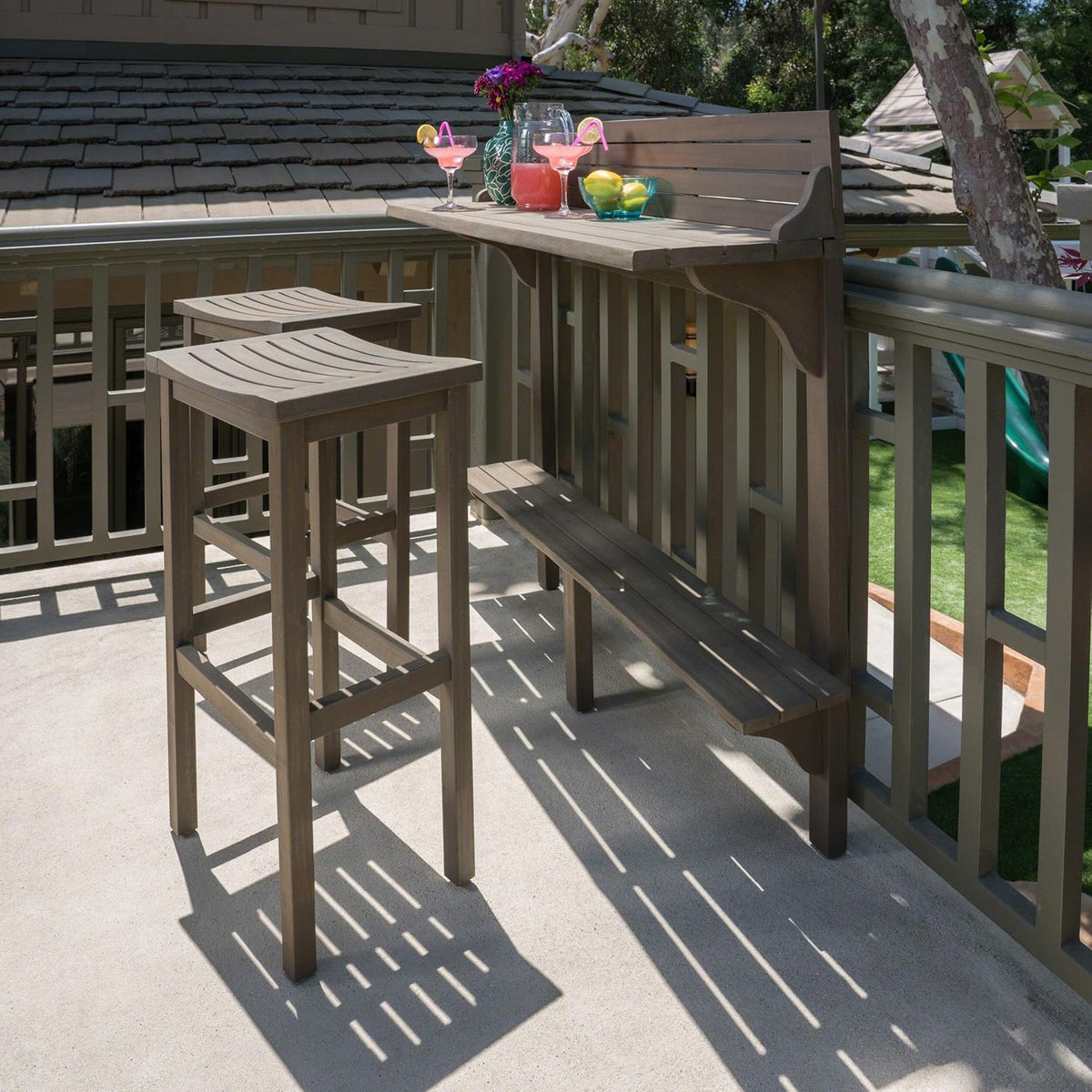 3-Pcs Acacia Wood Outdoor Bar Set, Grey Finish X406957