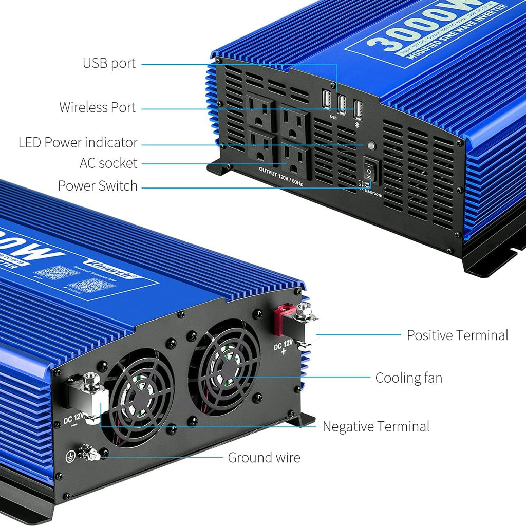 3000W Power Inverter DC12V to 110V AC Car Inverter with 4AC Outlets 2USB Port T29373