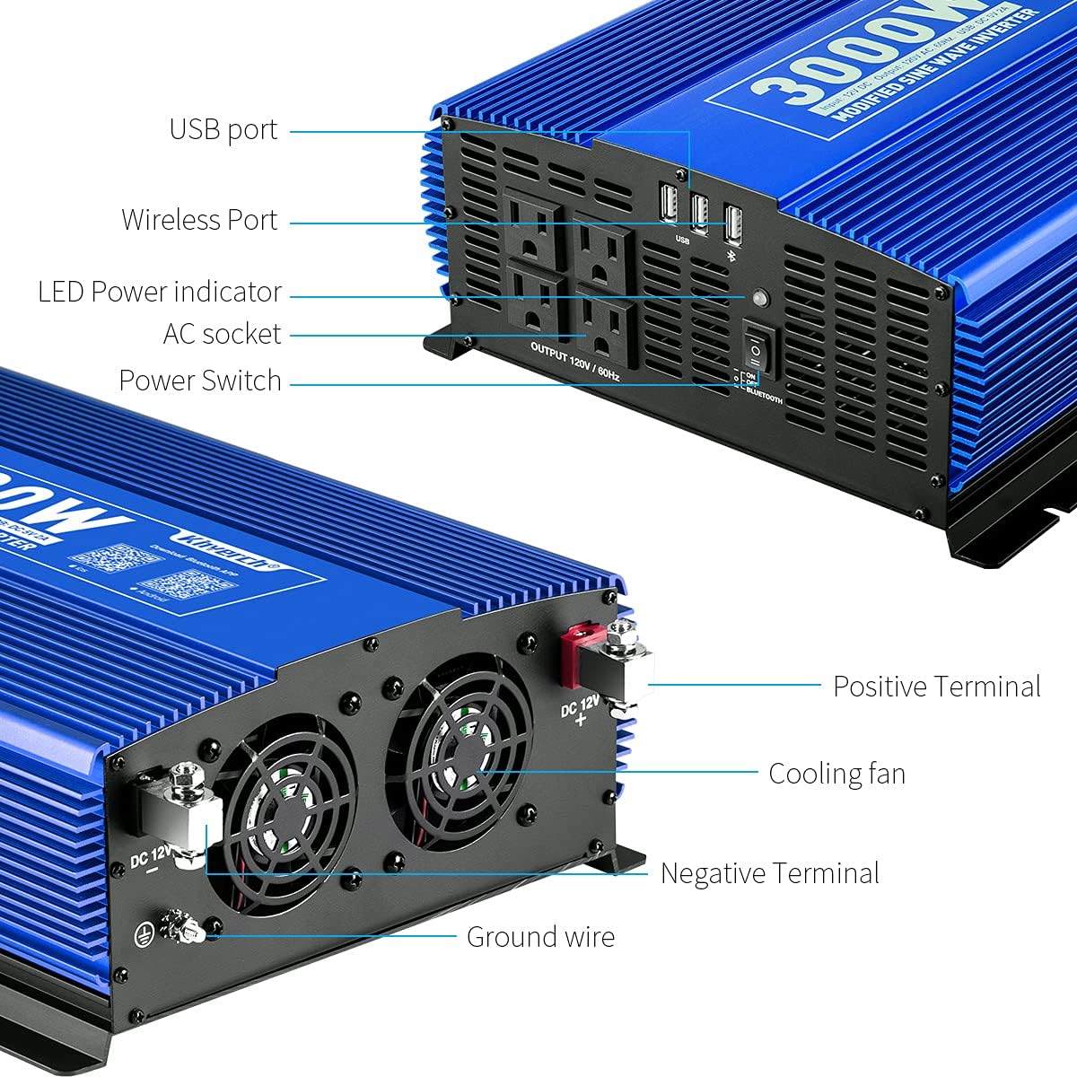 3000W Power Inverter DC12V to 110V AC Car Inverter with 4AC Outlets 2USB Port T29373