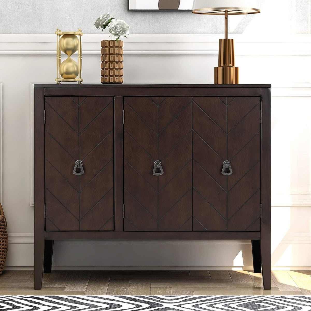 Wood Accent Buffet Sideboard Serving Storage Cabinet with Four Drawers and Two Large Cabinets, Modern Console Table Sofa Table X4595