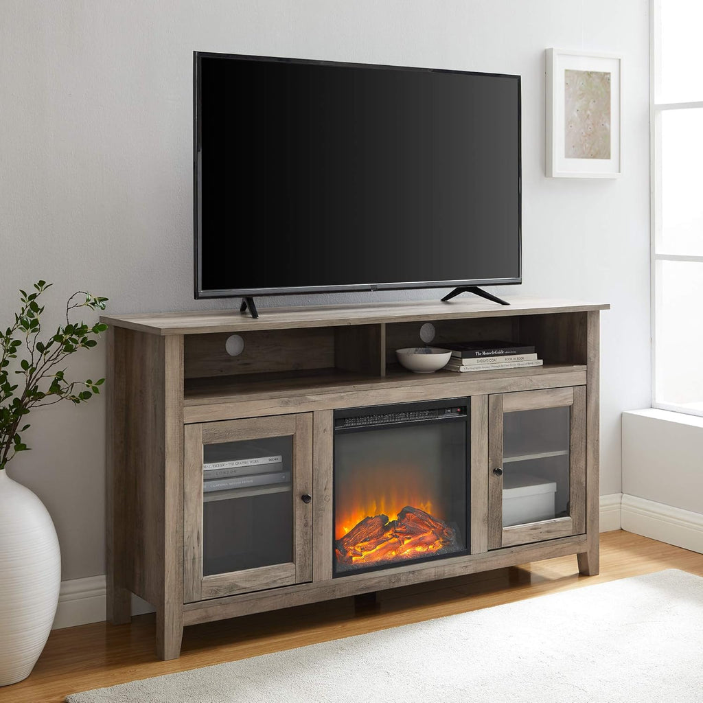 Rustic Wood and Glass Fireplace TV Stand, 58 Inch, Traditional Brown Y2622